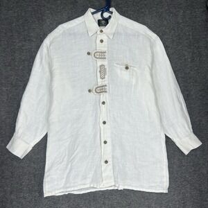 OS TRACHTEN Shirt Mens Medium Oktoberfest White 100% Linen Long Sleeve Bavarian